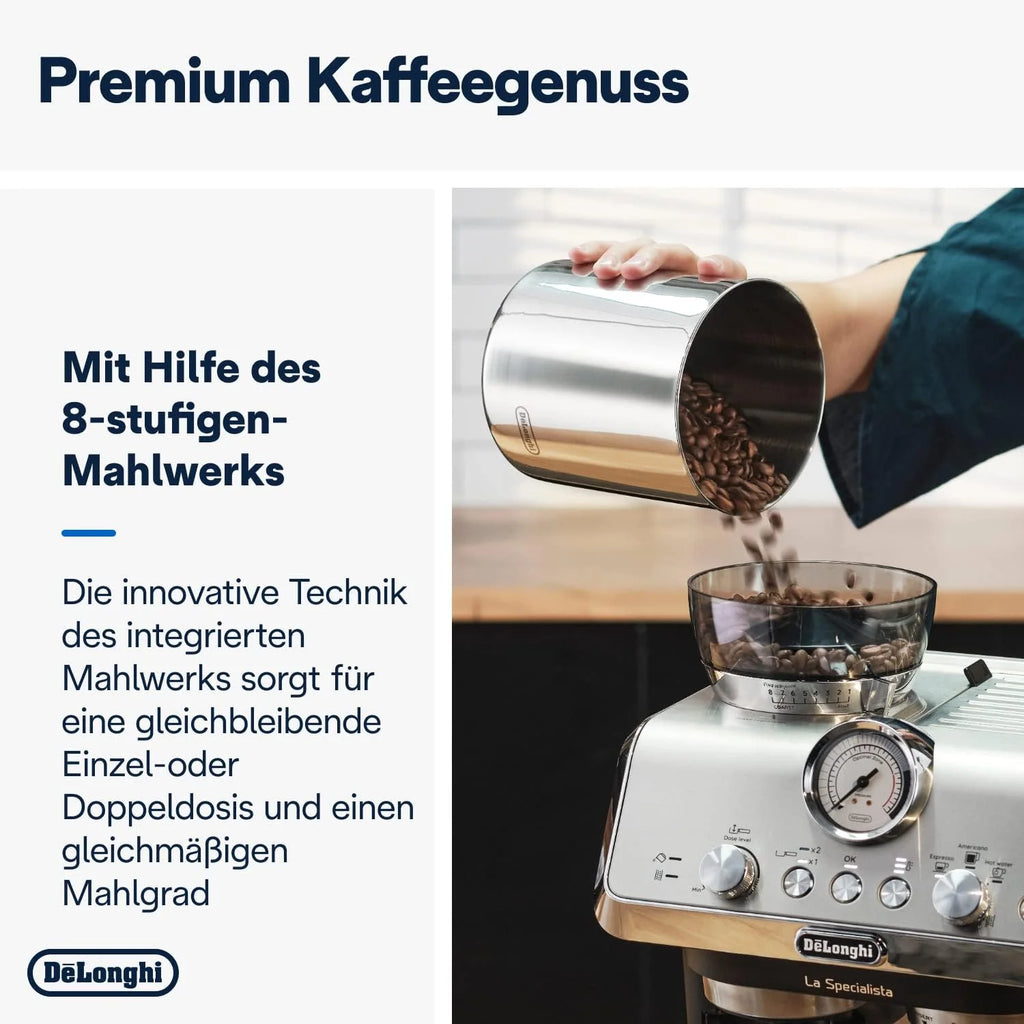 De'Longhi La Specialista Arte EC9155.MB Siebtrgermaschine, Espressomaschine mit Mahlwerk, 8 Mahlgrade, 15 Bar, 3 Temperaturen, Milchschaumdüse, 1300 W, 1,5 l Tank, Edelstahl/Schwarz inkl. Barista-Kit