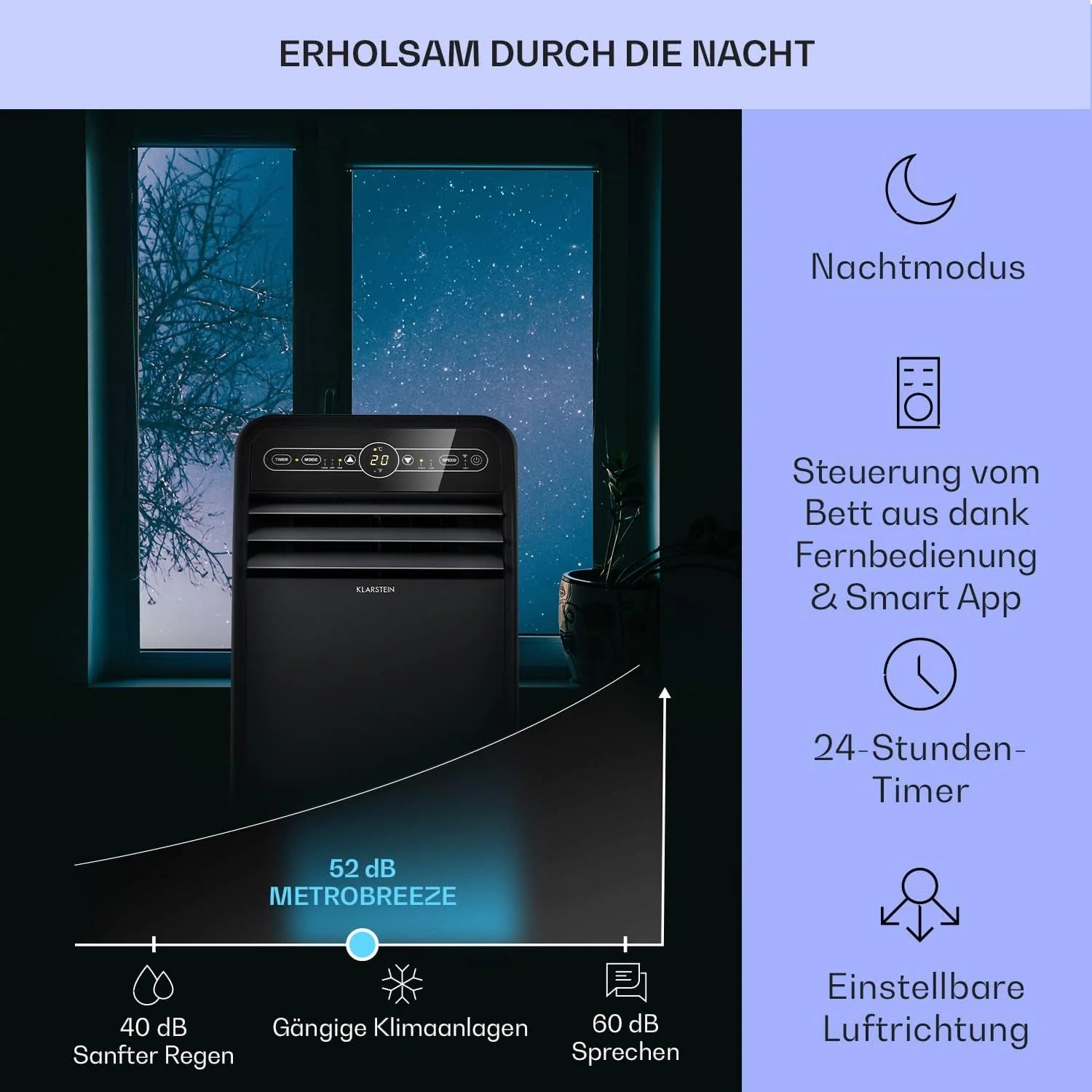 Klarstein Mobile Klimaanlage mit Abluftschlauch, 4-in-1 Klimagerät mit Ventilator, Luftentfeuchter & Nachtmodus, Kleine & Portable Klimaanlage für Wohnung & Büro, Niedriger Verbrauch, 9000 BTU