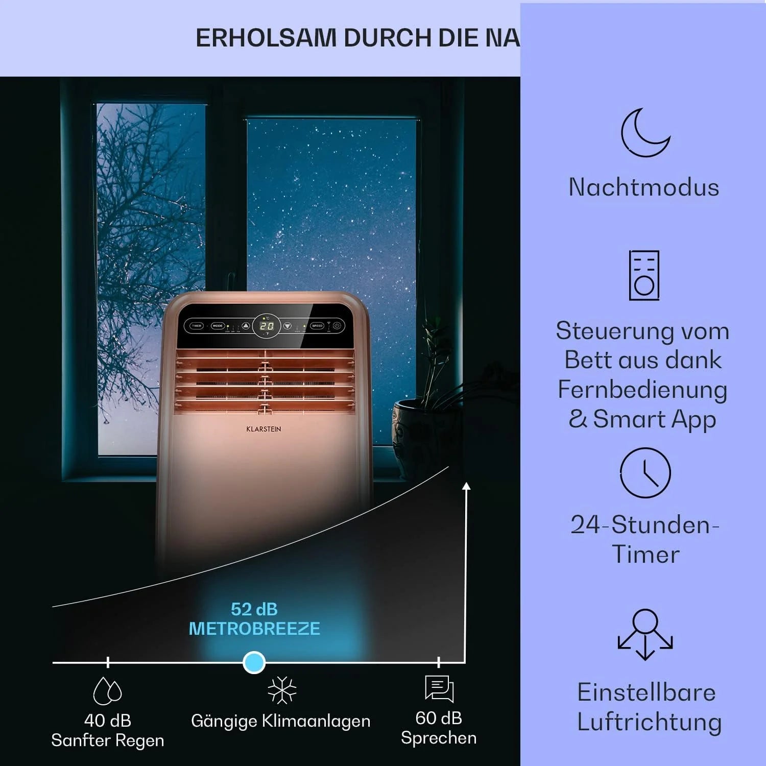 Klarstein Mobile Klimaanlage mit Abluftschlauch, 4-in-1 Klimagerät mit Ventilator, Luftentfeuchter & Nachtmodus, Kleine & Portable Klimaanlage für Wohnung & Büro, Niedriger Verbrauch, 9000 BTU