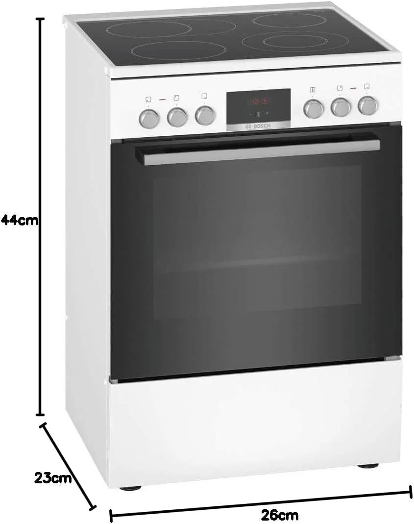 Bosch HKR39C250 Serie 4 Elektro-Standherd, 60 cm breit, EcoClean Direct Reinigungshilfe, 3D Heißluft Backen auf 3 Ebenen, LED-Display-Steuerung, erweiterbare Kochzone für großes Kochgeschirr