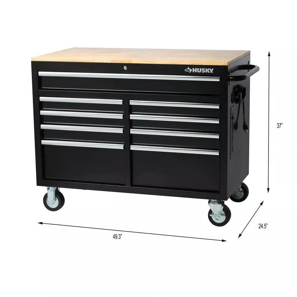 46 Zoll B x 24 Zoll T, tiefer Werkzeugkasten mit 9 Schubladen, glänzend schwarz, mobile Werkbank