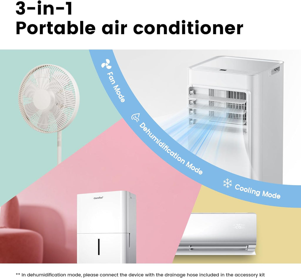Comfee Mobiles Klimagerät MPPH-09CRN7, 9000 BTU 2,6kW, Kühlen&Ventilieren&Entfeuchten, Raumgröße bis 88m³(33㎡), Mobile Klimaanlage mit Abluftschlauch