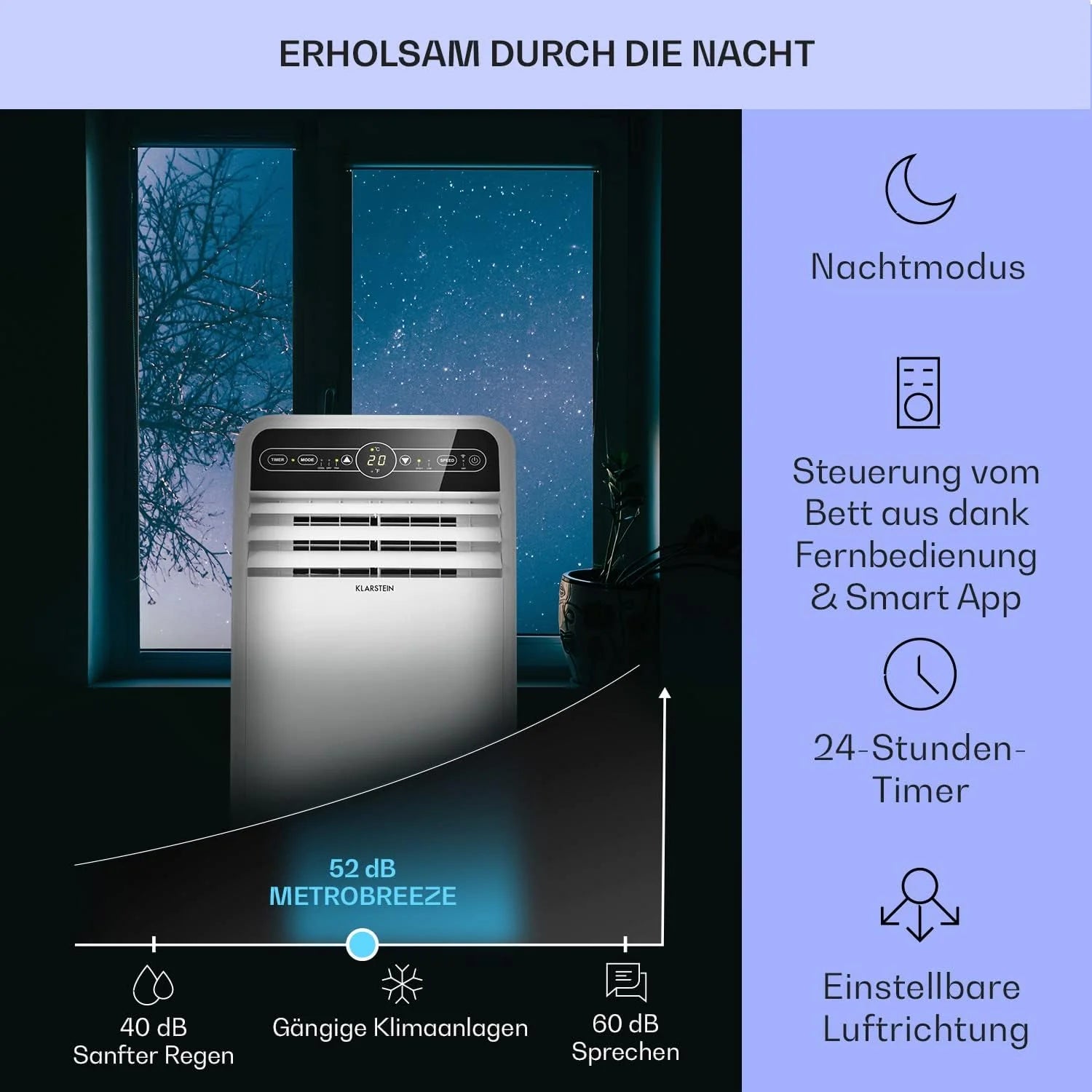 Klarstein Mobile Klimaanlage mit Abluftschlauch, 4-in-1 Klimagerät mit Ventilator, Luftentfeuchter & Nachtmodus, Kleine & Portable Klimaanlage für Wohnung & Büro, Niedriger Verbrauch, 9000 BTU